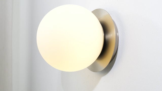 Image of Modern Nickel Globe Wall Sconce，Single Light with Milk Glass Shade | 6 inch Minimalist Spherical Vanity Sconces,Contemporary Small Brass Ball Lights Fixture for Entryway Bedside Bathroom,E26 Base