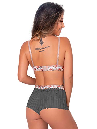 Conjunto Calcinha e Sutiã Sem Bojo Renda Elástico Bordado Multicor (Cinza Chumbo, G)