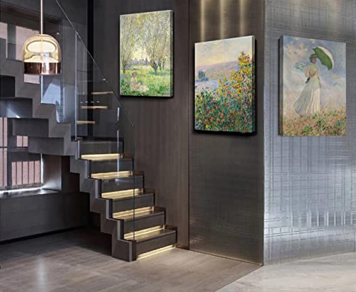 Claude Monet Canvas Prints, Woman With Parasol, Facing Right Wall Art , Flower Beds At Vetheuil Impressionism Oil Paintings For Home Decor - 12"X16"X3 Piece #TOP4