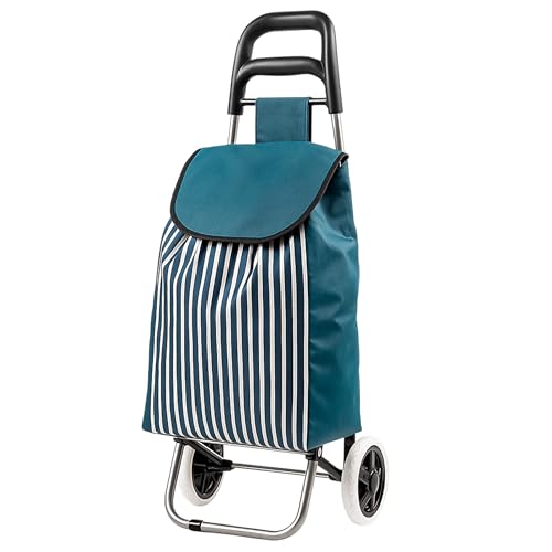 TIENDA EURASIA – Carro de la Compra | 2 Ruedas | Metal, Plástico PP, PVC, PE y Poliéster | Peso Máximo 20 Kg | Plegado 35x88x8 cm Abierto 35.5x94x28 | Tubo de 16 mm | Capacidad 33L (Rayas Azul)