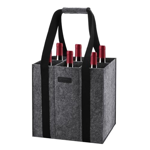 Lewooilt Wine Carrier Bag 6 Bottles Reusable Felt Wine Bottle Bag Holder with Handles Shape-Retaining Wine Carrier for Transporting Liquor Champagne Beer Drinks Water Dark Gray