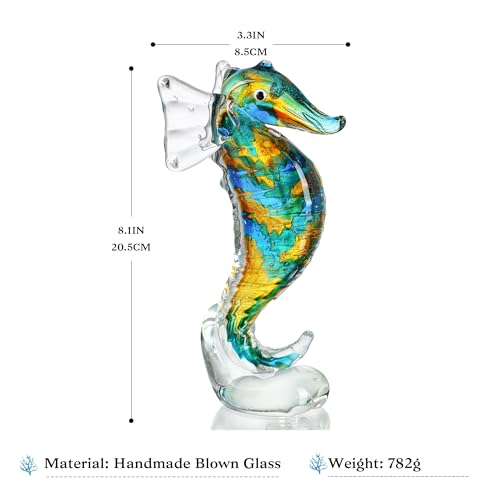 QFkris Handmade Glass Blue Seahorse Collectible Art Glass Blown Animal Figurine