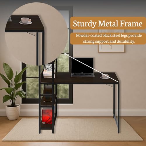 Image of Callas Computer Desk with Bookshelf - Modern Industrial Study Table with Storage Shelves for Home Office, Bedroom, or Study - Space-Saving Laptop Workstation Desk (ST-20-Black)