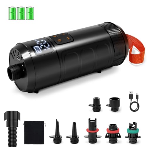 Mojimdo Elektrische SUP Pumpe Kabellose Luftpumpe bis 12 PSI mit Auto-Stopp Digitalanzeige & 7 Ventiladaptern Kompakte Tragbare Pumpe für SUP Board Kajak Schlauchboot und Zelt