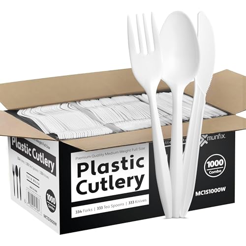 1000 Count White Silverware Set, 334 Plastic Forks, 333 Spoons, 333 Knives, Medium Weight BPA Free Disposable Plastic Cutlery Set, Bulk Combo Pack Flatware Set for Party Supplies