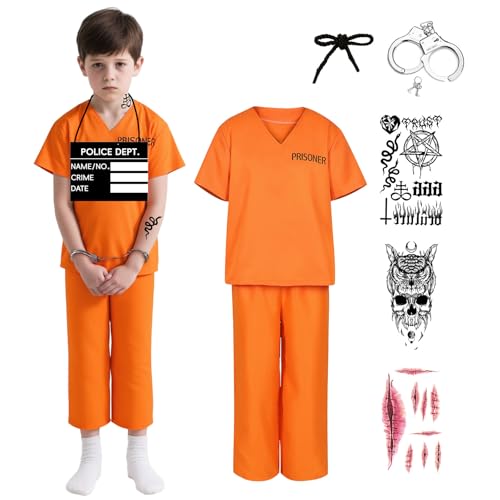 WEFONLLICOS Kids Prisoner Costume Orange Prison Inmate Outfit Halloween Jail Criminal Jumpsuit Pant Set for Boys Girls (Small)