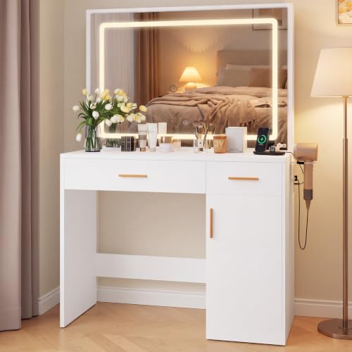 Image of Sweetcrispy 35 inch Large Vanity Desk with LED Lights Mirror & Power Outlet