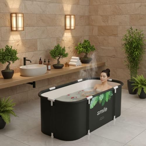 Image of Portable Foldable Adult Bathtub for Home, Large Plastic Soaking Tub with Drain Pipe, Freestanding Spa Bath Tub for Hot & Cold Bath, Balcony & Small Bathroom Use (Green Leaf-Smile)