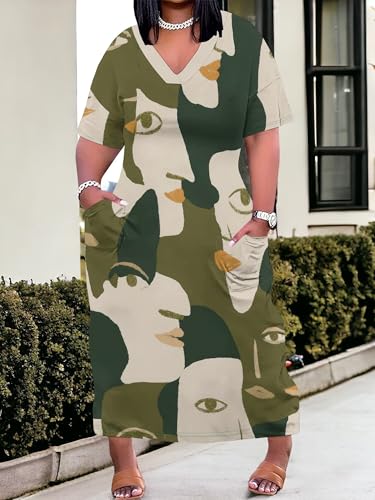 Image of Plus Size Maxi Dress for Women Short Sleeve V Neck Casual Loose Sundress with Pockets