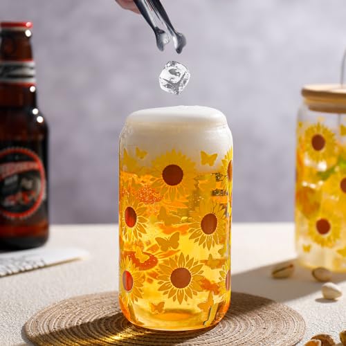 Glass Cups with Lids and Straws with Design Sunflower 4 pcs,Clear Glass Cups 16 oz-DWTS Drinking Glasses Set,Glass Tumbler,Cute Design Glass Iced Coffee Cups with Lids and Straws