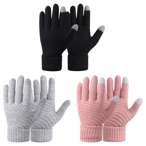 Fjquamitix 3 Pairs Women Thermal Touch Screen Gloves Winter Warm Elastic Knitted Soft Fleece Lined Gloves for Indoor Outdoor (Black+Gray+Pink One Size)