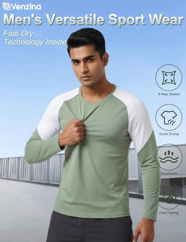 Image of Venzina Men's Long Sleeve Workout Shirt Color Block Quick Dry Athletic Top, Moisture Wicking Fitness & Running Shirt, Breathable Sportswear Tee for Gym, Sports, Casual Wear