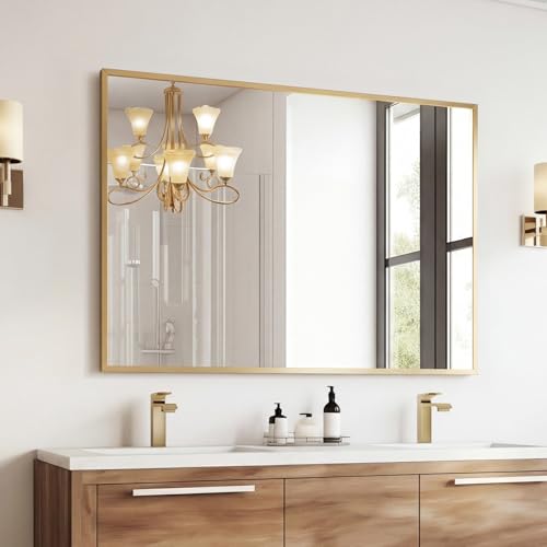 Image of 30 inchx40 inch Right-Angle Corners Gold Bathroom Mirror - Metal Framed with HD Shatter-Proof Glass, Wall-Mounted for Over Sink, Entryway, Living Room, Bedroom