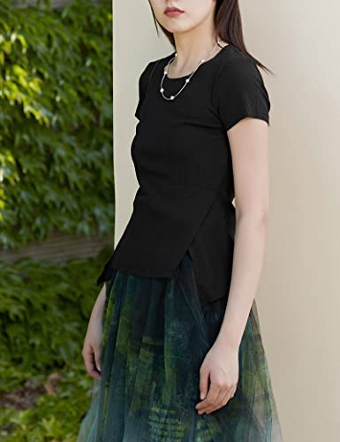 S・Deer Women's Short Sleeve Tunic Tops Summer, Casual Knit Scoop Neck Slim Fit T-Shirt Blouses Tops(Black,Xl) #TOP6