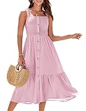 Vacation Dresses for Women 2025 Summer Boho Spaghetti Strap Ruffle Button Down Casual Smocked Free People A Line Midi Pink Dress Pockets, Small