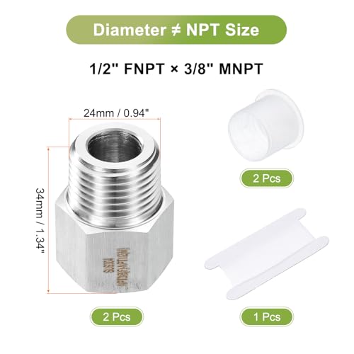 Image of uxcell 2 Pcs Pipe Fitting Reducer Adapter 1 /2 inch NPT Male Pipe x 3 /8 inch NPT Female Pipe Stainless Steel Adapter Pressure Gauge Connector for Oil Air Gas Hydraulic Systems