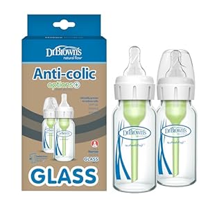 Dr. Brown’s Natural Flow Anti-Colic Options+ Narrow Glass Baby Bottle 4 oz/120 mL, with Level 1 Slow Flow Nipple, 2 Pack, 0m+