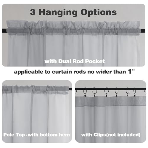 Image of Chyhomenyc Light Grey Sheer Valances for Windows - Light Filtering Small Kitchen Curtains, Rod Pocket Short Top Window Treatment Decor for Living Room Bathroom Basement, 42Wx16L inches, 2 Panels