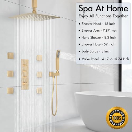 Image of Shower System with Body Jets, 12 Inch Rain Shower System, All Metal Body Spray Shower Jets System, Include Shower Valve Gold 16 inch+ 6 Jets Button