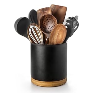 Nucookery 360°Rotating Utensil Holder, 7.2″ Kitchen Utensil Crock, Ceramic Cooking Utensil Organizer with Countertop-Protection Cork Bottom for Farmhouse Kitchen Decor Christmas (Stone Black)