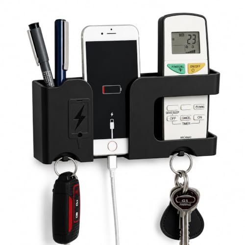 Image of CERLINK Wall Mobile Holder for Charging | Multi-Purpose Wall Mounted Phone Stand | Remote Holder with Pen & Key Storage | Mobile Charging Stand Organizer for Home & Office (Black)