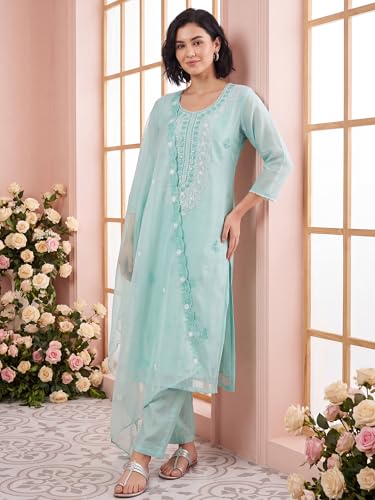 Image of INDO ERA Women's Silk Blend Embroidered Thread Work Kurta & Pant with Dupatta Set | Suit Set For Women