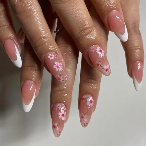 24 uñas acrílicas medianas de almendra con flores, cobertura completa, uñas adhesivas con punta francesa, uñas postizas simples