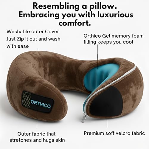 Image of Neck Pillow for Travelling with Cooling Gel Memory Foam, Ergonomic Travel Neck Pillow and Neck Pillow for Car, Compact Travel Pillow for Flight and Office Chair Support (Dark Brown)