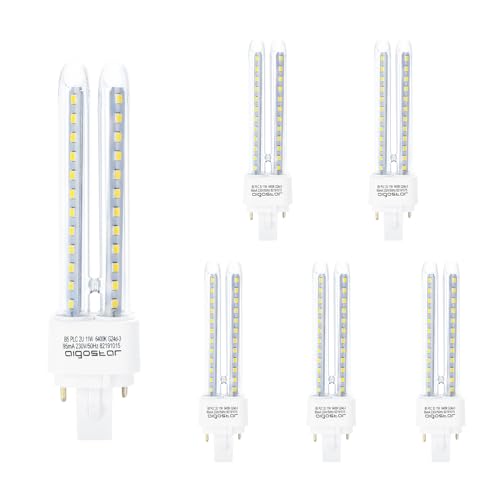 Aigostar Pack de 5 Bombillas LED PLC 2U, tubo de 11W Maiz G24d-3, 2 Pines, Luz fría 6500K, 1070Lm, No regulable