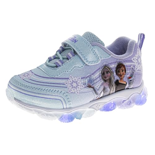 Frozen Sneakers with Lights - Elsa & Anna Shoes Laceless Lightweight Breathable Fashion Athletic Shoes for Girls - Blue (Size 7 Toddler)