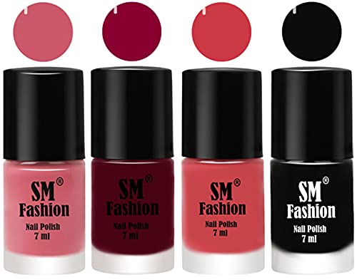 Image of Nail Polish Combo Set (Pack of 4) Quick Dry Gel Finish Nail Paint | Nude Pink,Boysenberry,Punch Pink,Black | 7 ml Each