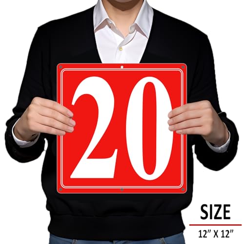 Image of Premium Aluminum Number Signs 20, Metal 12 inch X 12 inch Red Numbered Signs Outdoor for Parking Lots, Floor, Dock, Court, Aisle, Field, High Visibility, No Fade, Weather-resistant