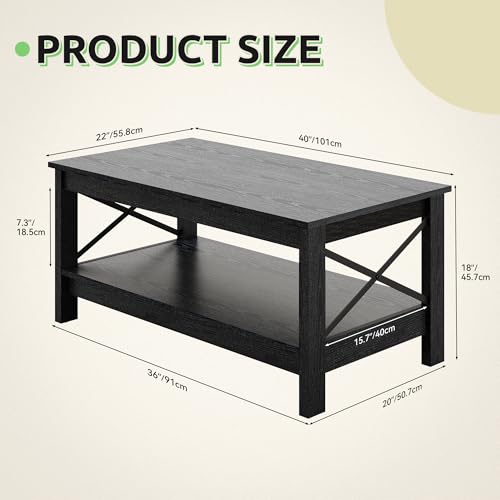 GOOBED Modern Coffee Tables for Living Room with Storage, Farmhouse 2-Tier Rectangular Coffee Table, 39.4" Coffee Table with Ample Storage Ideal for Living Room Home Office, Black