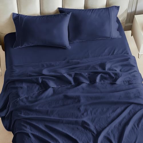 Image of Tokokimo King Sheet Set 4 Piece, Super Soft Washed Cotton-Linen Feel Microfiber, 16 inch Deep Pocket Fitted Sheet, 1 Flat Sheet, 2 Pillowcases, Breathable Bed Sheets, Navy Blue