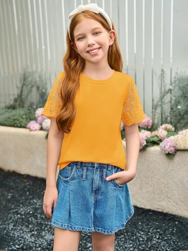 Image of Haloumoning Girls Lace Short Sleeve T Shirts Kids Summer Crewneck Tunic Tops Curved Hem 5-14 Years