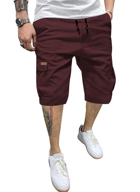 JMIERR Mens Casual Cotton Twill Cargo Shorts Drawstring Classic Chino Stretch Short with 6 Pockets