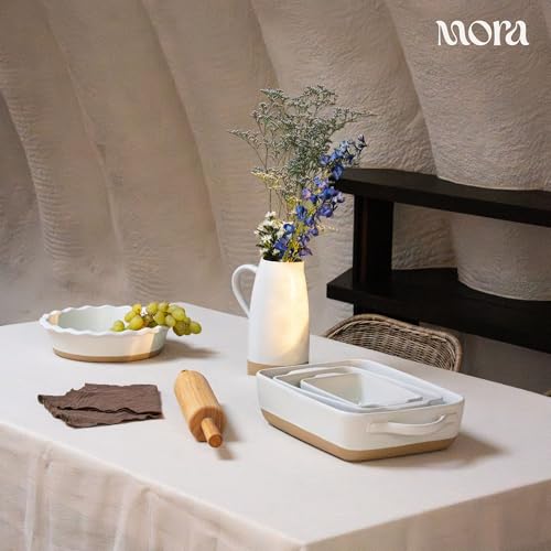 Image of Mora Ceramic Set of 2 Baking Dishes For Casserole, Banana Bread, Brownies, Broiling, Roasting, and Baking. 7x11 in and Loaf Pans - Porcelain Serving Bakeware from Oven to Table. Freezer Safe - Oat