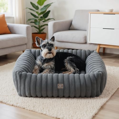 Small Dog Bed with Wave-Textured Design, Washable Rectangular Pet Bed, Calming Soft Fluffy Puppy Bed, Non-Slip Waterproof Dog Bedding, Grey, S(50x48x15cm) - Image 3