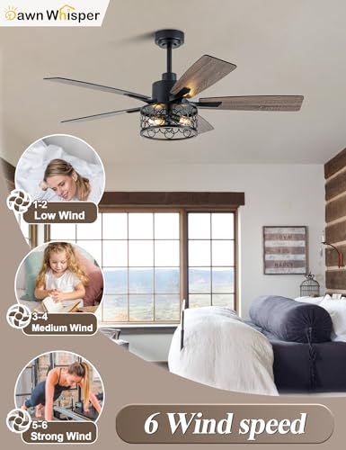 Image of Dawn Whisper 52 Inch Farmhouse Ceiling Fans with Lights and Remote Quiet and Reversible DC Motor Black Industrial Rustic Caged Ceiling Fan for Bedroom Living Room Covered Patio (12-Black)