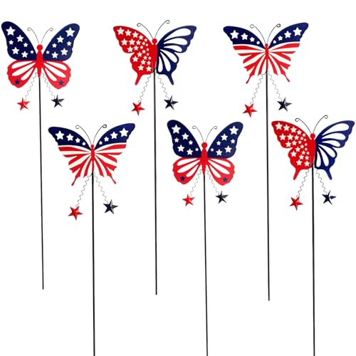 Image of 6 Pcs 4th of July Decorations Outdoor,18.2 inch Red White Blue Metal Butterfly Decorative Garden Stakes for Independence Day,Americana Patriotic Yard Signs Decor for Garden Lawn Porch