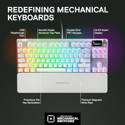 SteelSeries Apex 7 TKL Ghost - Gamingowa klawiatura mechaniczna - Inteligentny wyświetlacz OLED - Liniowa i cicha - Dwuwarstwowe nakładki na klawisze PBT Pudding - Amerykański układ QWERTY