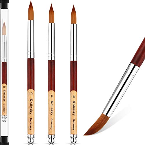 3 Pieces Kolinsky Acrylic Nail Brush, Acrylic Nails Art Brush with 2-Color Stitching Design Round Wood Handle for Acrylic Application Manicure (Size 6, 8, 10)