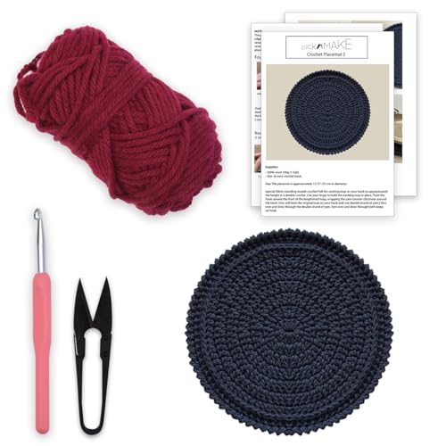 Image of picknMAKE DIY Crochet Placemat Kit for Beginners Adult - 13.75 Inch Round Maroon Placemat Craft Kit with Wool, 6MM Crochet Hook, Cutter & Step-by-Step Instructions - Perfect for Home Decor