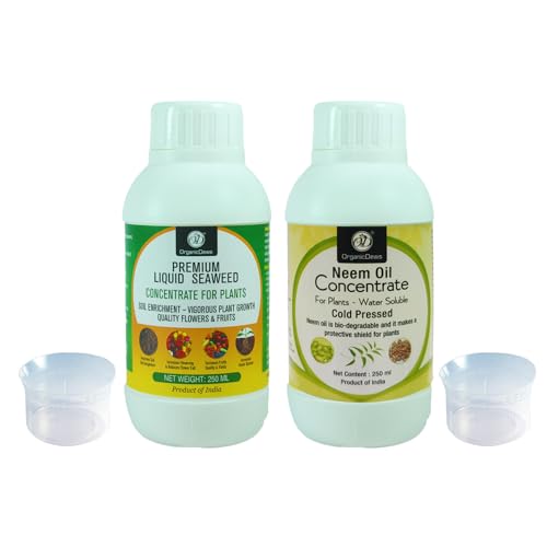 OrganicDews Liquid Seaweed Fertilizer(250 ml) & Neem Seed Oil 1500 PPM(250 ml) Combo with Measuring Cup 25 ml - Plant Growth Enhancer, Soil Conditioner, Plant Protector