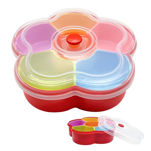 HZJPIN Snack Serving Tray, 6 Compartments Divided Snackle Reusable Veggie Container with Lid, Colored Flower Shaped Large Fruit Trays, Candy and Nut Snack Tray Appetizer Platter for Party, Travel