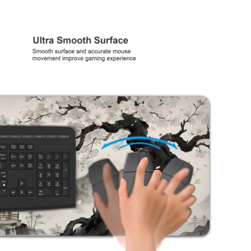 Image of Black Grey Japanese Mouse Pad 35.4x15.7 XXL Watercolor Painting Cherry Blossoms Extended Large Mousepad Keyboard Mouse Mat Desk Pad with Non-Slip Rubber Base Stitched Edges for Home Office Game