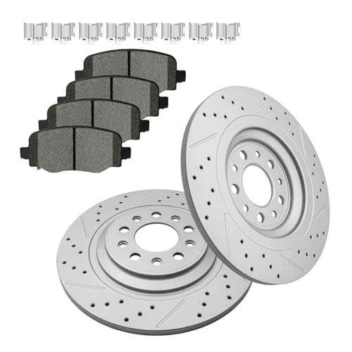 Fraxle Rear Drilled & Slotted Disc Brake Rotors and Ceramic Brake Pads kit for Jeep Cherokee 2014 2015 2016 2017 2018 2019 2020 2021 2022