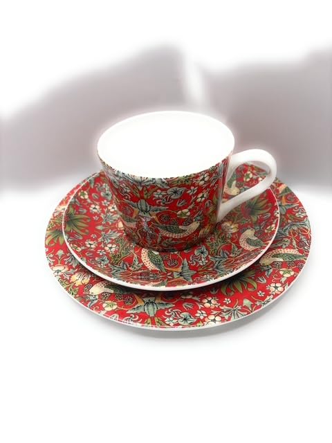 Fine Bone China Cup, Saucer and Side Plate Set, William Morris Red Strawberrry Thief Design, 7 fl oz Cup, 3 Piece Dinnerware Set