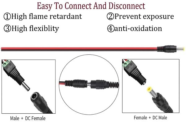 Image of DC Power Pigtail Cable 12V 5A Male & Female Cable Connector for CCTV Home Security Surveillance Camera DC Extension Cord Power Tail (2.1mm x 5.5mm) (20)