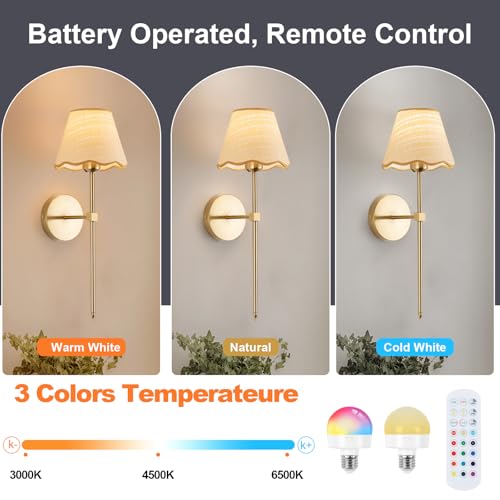 Image of ADISUN Battery Operated Wall Sconce Set of 2, Gold Wall Lamps Rechargeable Bulbs for Living Room, Rattan Shade Wireless Wall Lights for Bedroom Living Room Hallway Kitchen(2 Bulbs Included)